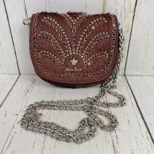 Bono Rocks‎ Brown Cowhide Rhinestone Embellished Fur Crossbody/Belt Bag